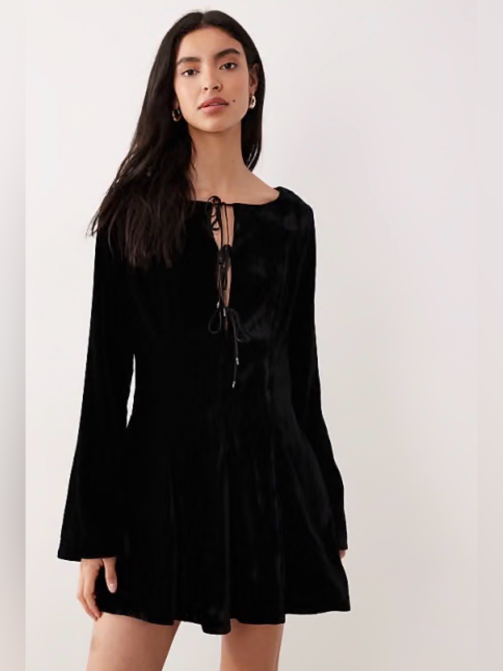 Free People Black Velvet Mini Dress Size 2 NWT $128 Tie Front Pleated